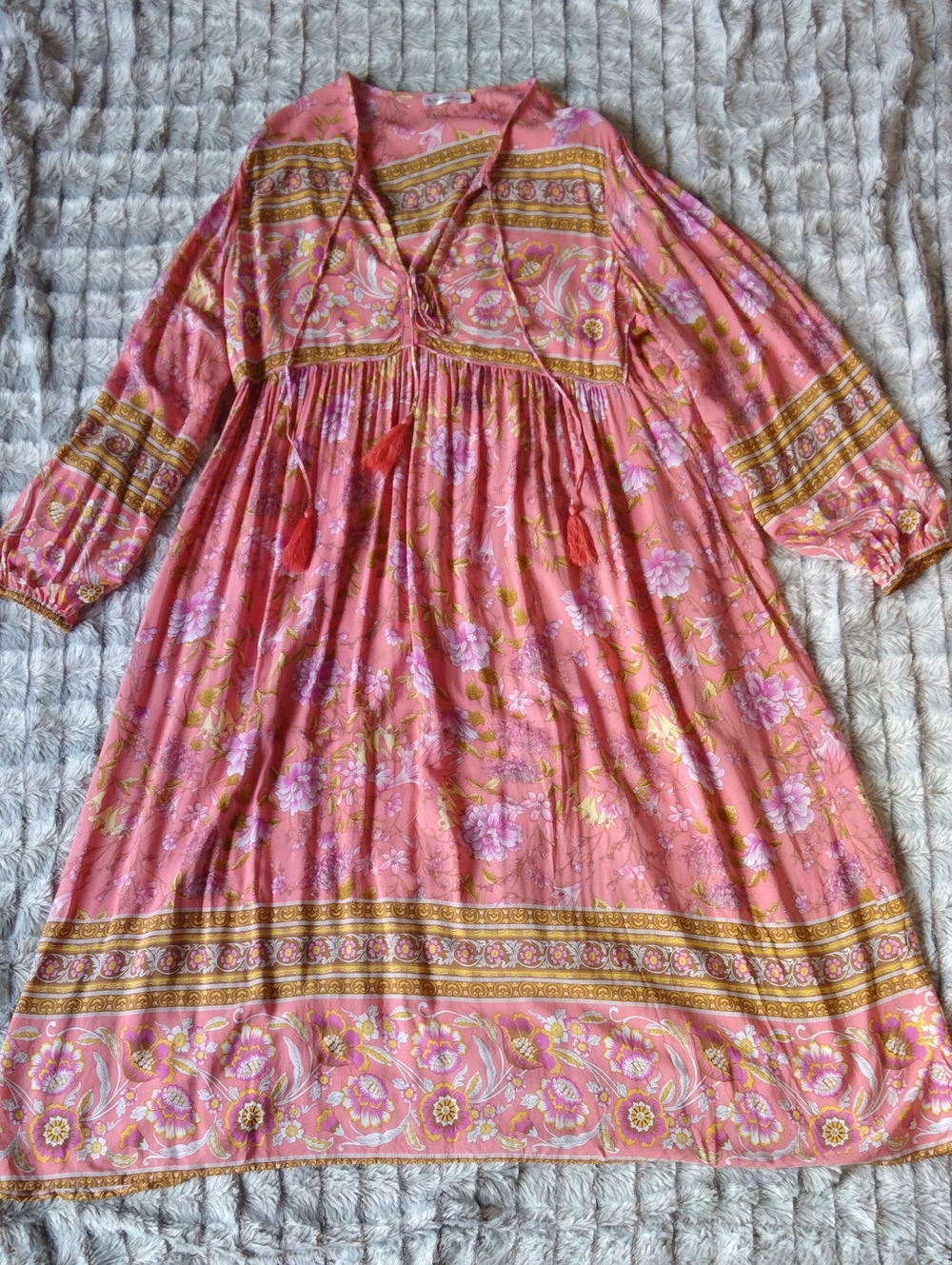 Pink Floral Midi Boho Dress with Tassel V-Neck